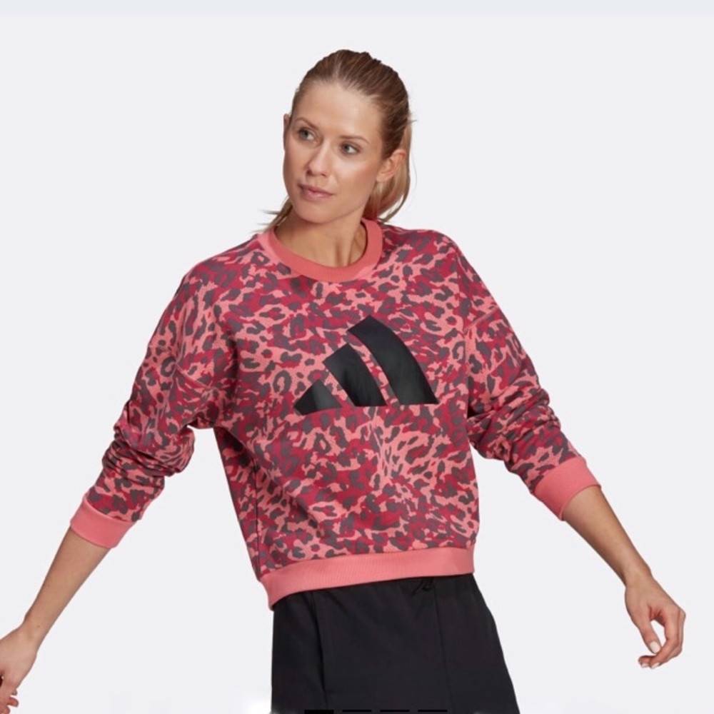 Adidas Pink Grey Leopard Animal Print Logo Sweatshirt Sweater Large - Picture 3 of 8